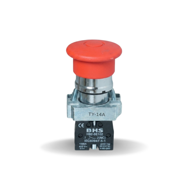 Botão de comando tipo cogumelo vermelho HB2-BT42 da BHS, com destrava por tração