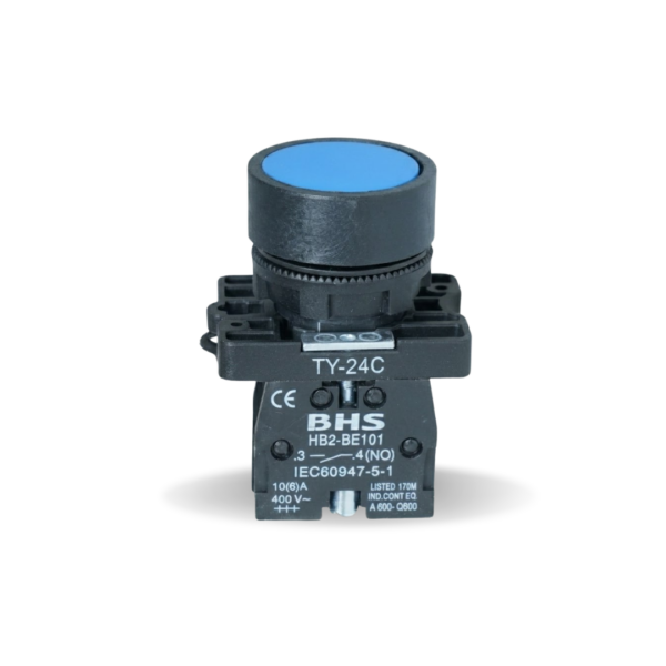 Botão de comando pulsante da linha plástica HB2-E da BHS, com corpo preto e bloco de contato acoplado